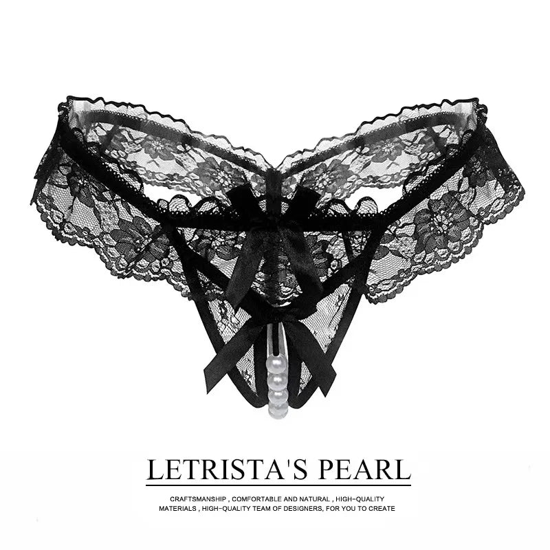 Sexy Panties for Hot Sex Women's Massage Bead Bow Chain Thong Soft Lace Crothless Lingerie Tie Low Waist Hollow G-string Thongs