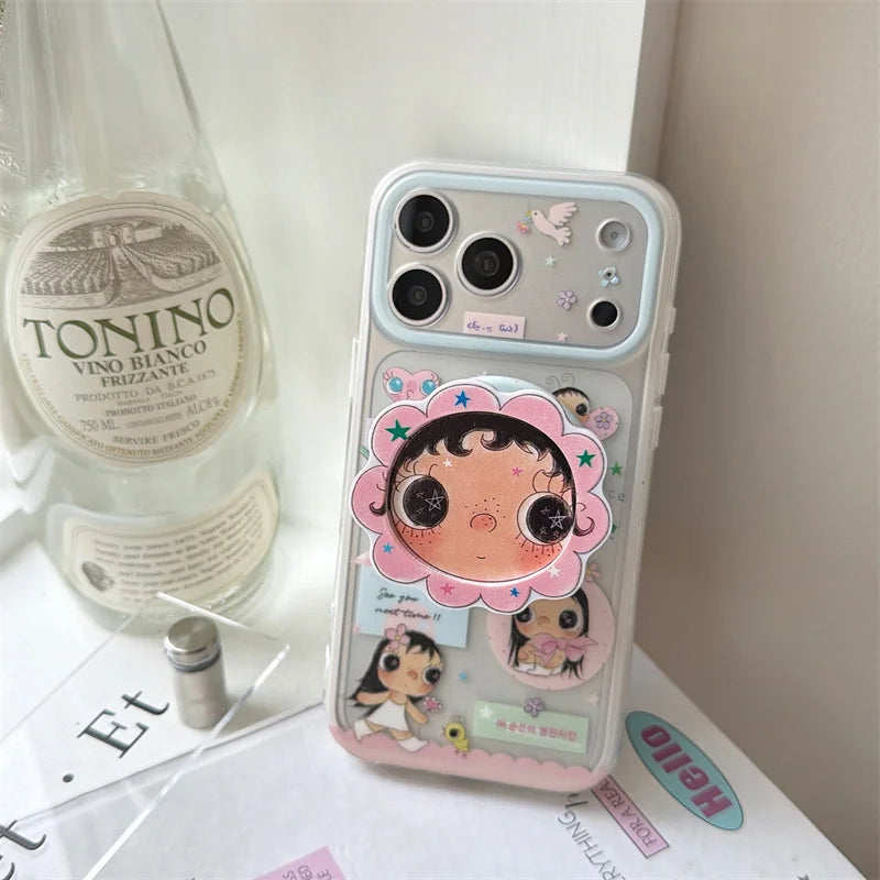 Kawaii Cartoon Girl Print For MagSafe Phone Case For iPhone 15 16 17 Pro Max With Flower Stand Shockproof Cover fashion phone ca