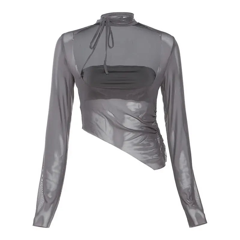 Sexy Spice Girl T-shirt with Irregular Long Sleeves and Short Waist-exposed Tops 2025 Spring and Autumn Fashion Women's Wear
