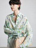 SuyaDream,Woman Printed Shirts, 100%Ramie, Turn Down Collar, Chic Blouses, 2025 Spring Summer Casual Top, Blue, Green, Yellow