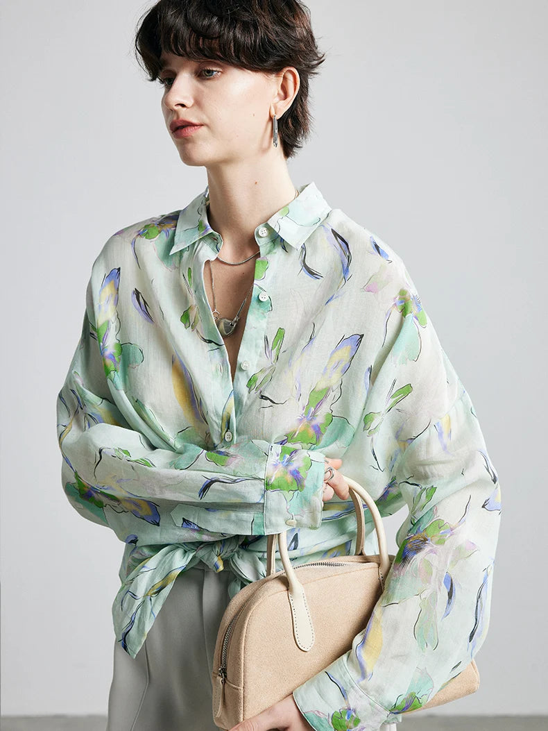 SuyaDream,Woman Printed Shirts, 100%Ramie, Turn Down Collar, Chic Blouses, 2025 Spring Summer Casual Top, Blue, Green, Yellow