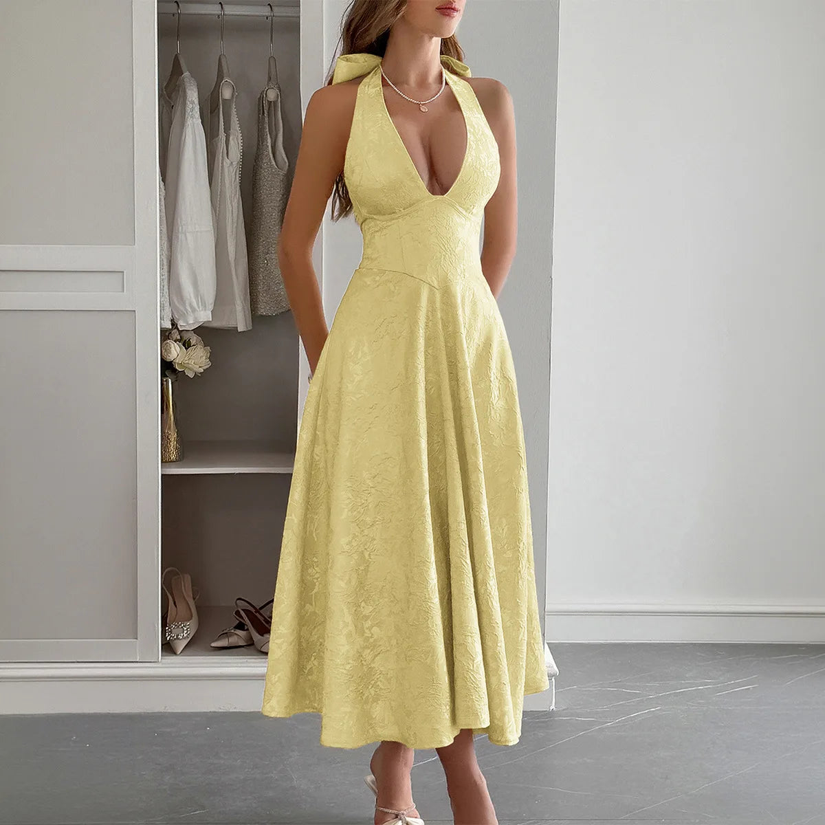 Sexy Bow Backless Women's Summer Long Dress Elegant Jacquard Waist Wrap Halter V-Neck Sleeveless Evening Party Maxi Dresses