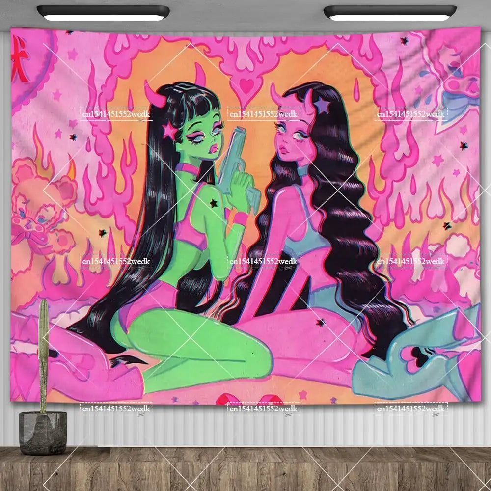 Pink Y2K Anime Girl Wall Tapestry