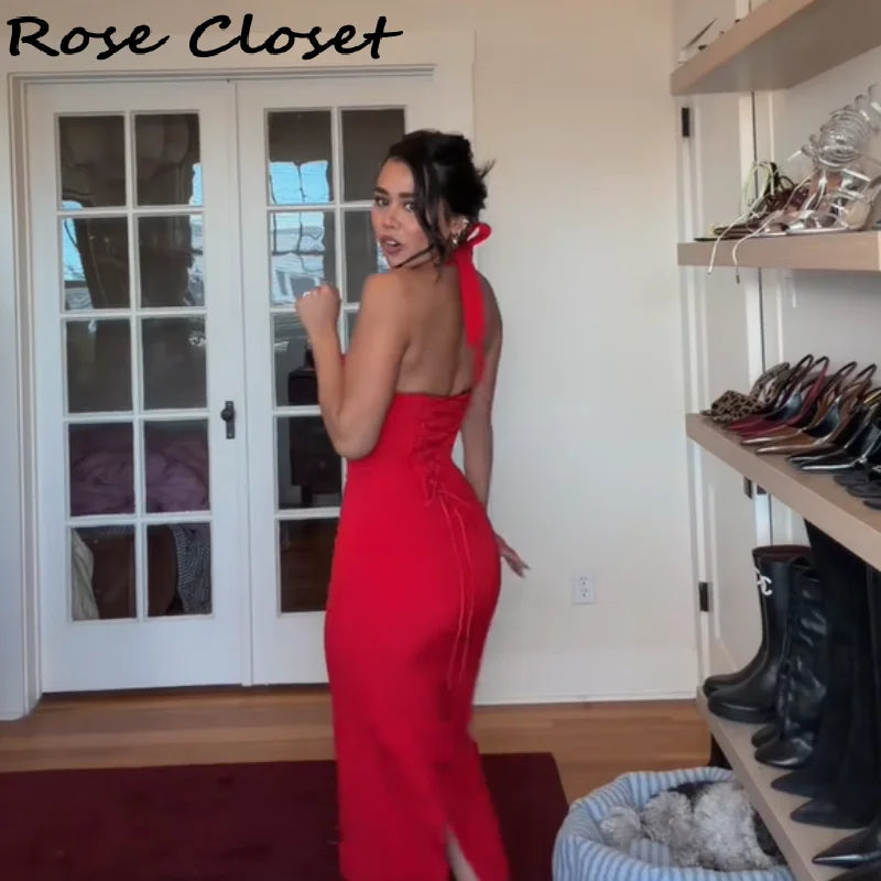 Sexy Bodycon Midi Dress Women Elegant Halter Neck Evening Gowns Adjustable Lace Up Party Club Vestidos 2026 NEW Summer Dresses ﻿