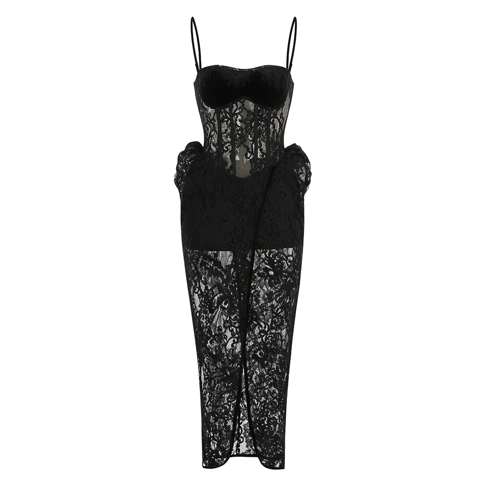 Women's Black Lace Corset Sheer-Split Maxi Dress