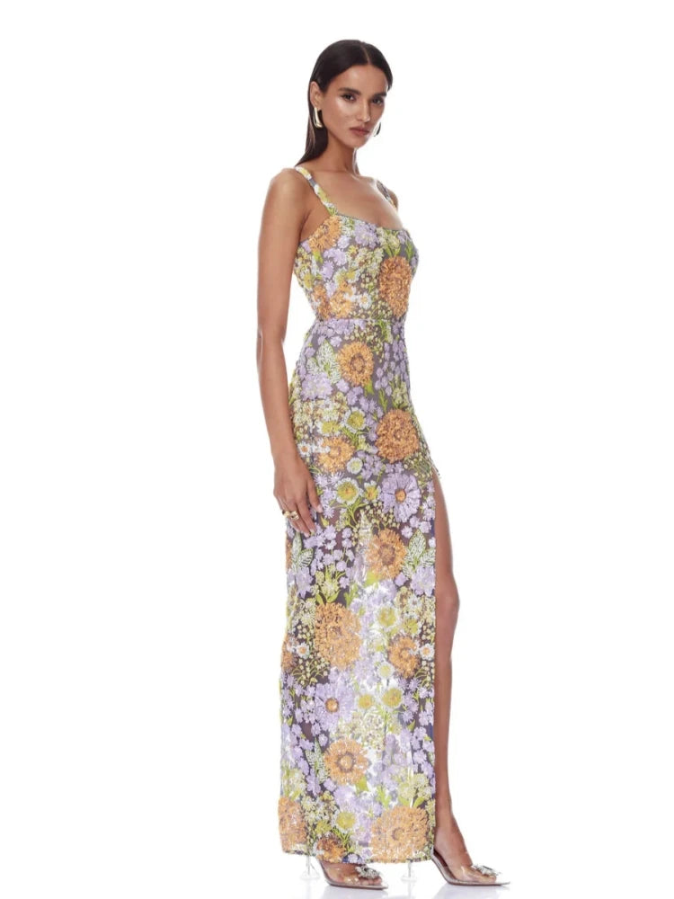 Sexy Spaghetti Strap Sparkling Sequin Floral Maxi Dress Women Sleeveless Embroidery Sequins Split Dresses Evening Party Gowns