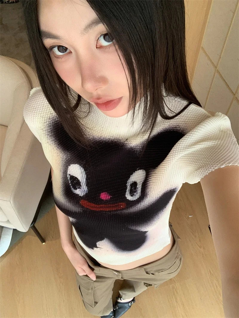 Pleated Cartoon Y2K Crop T-Shirt