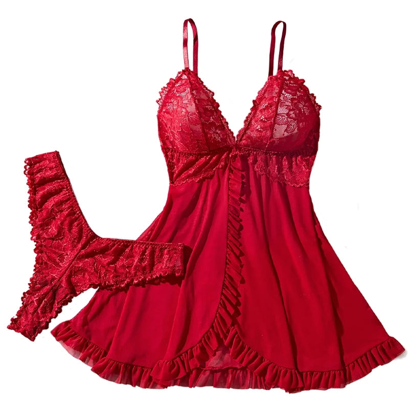 Sexy Lace Lingerie Set Women V-Neck Sheer Lace Camisole Panties Pajamas Set