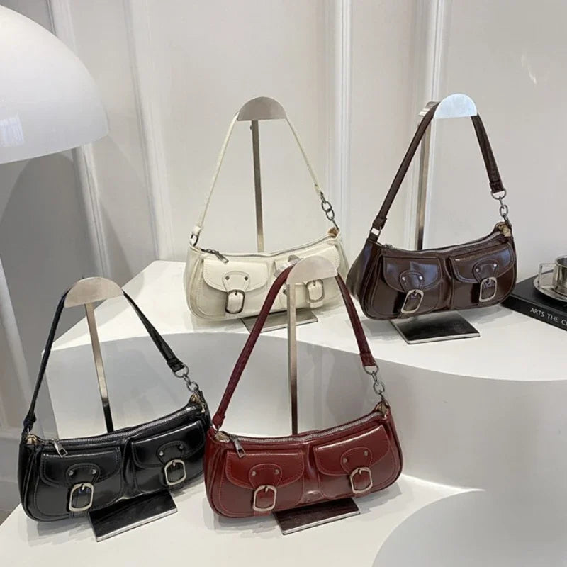 Retro Double-Pocket Faux Leather Shoulder Bag