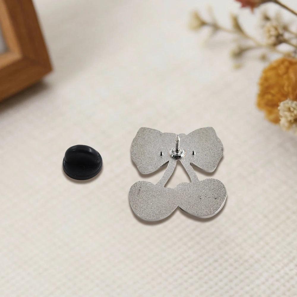 Plaid Cherry Bow Enamel Brooch