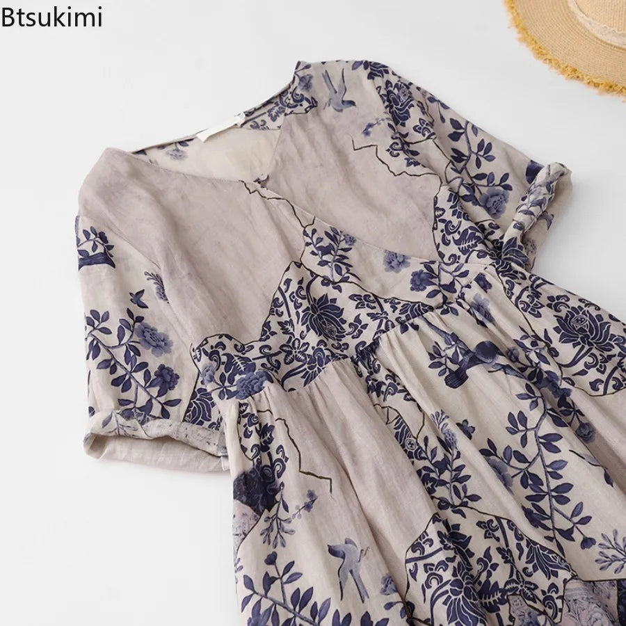 Summer Dresses for Women Retro Casual Loose Print V Neck Long Dress Comy Cotton Linen Pullover Robe Vestidos Women A-line Dress