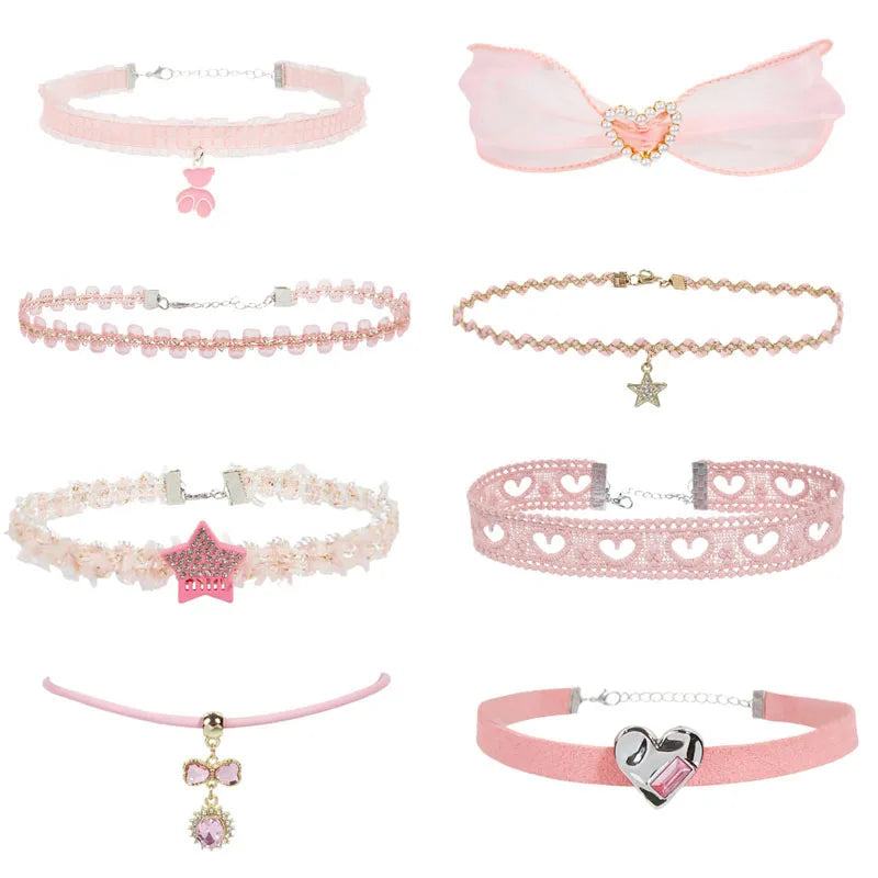 Pink Star, Bow & Bear Lace Choker Necklace