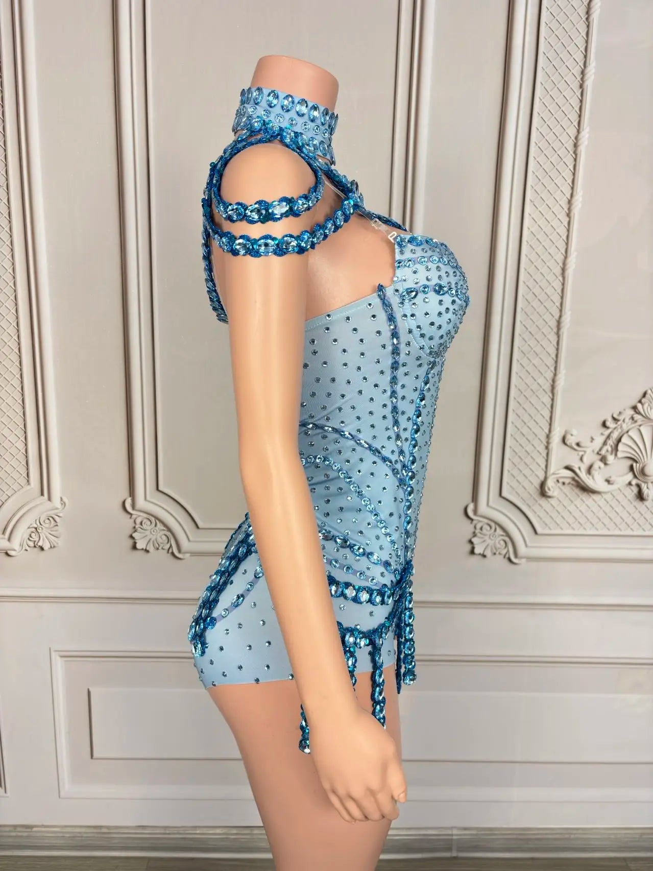 Sparkly Rhinestones Blue Sexy Elastic Bodysuit Women Dance Costume Nightclub Party Outfit Singer Stage  Performance Wear Tianlan