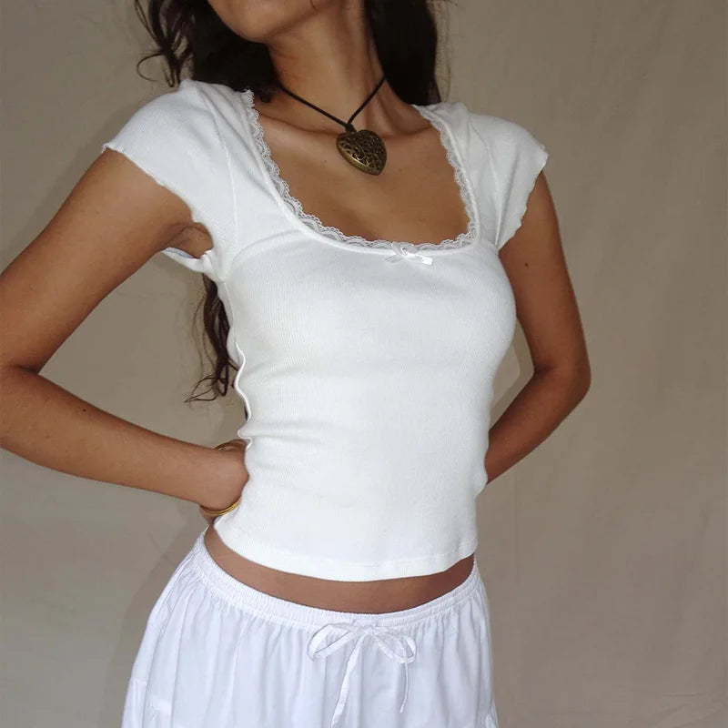 White Lace-Trim Square-Neck Milkmaid Crop Top