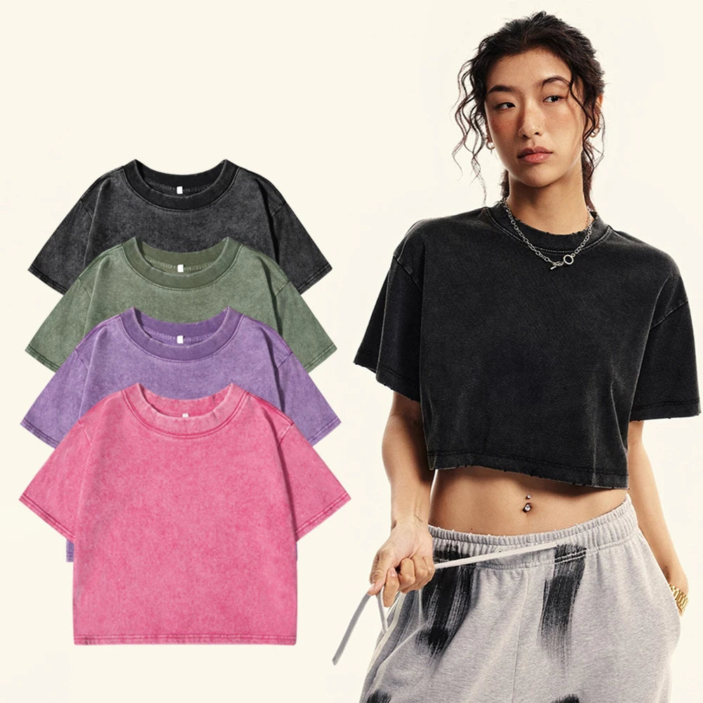 100% Cotton Washed O-Neck Crop T-Shirt