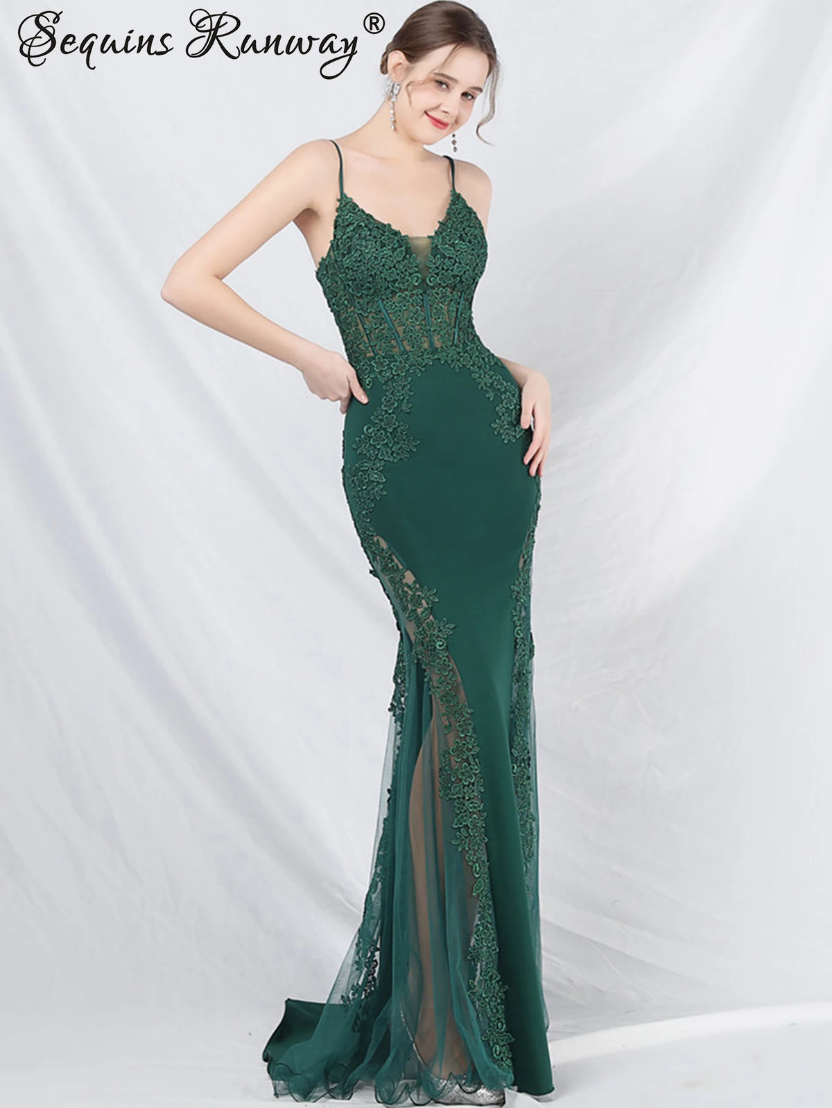 Women's Sheer Lace Mesh Maxi Evening Dress