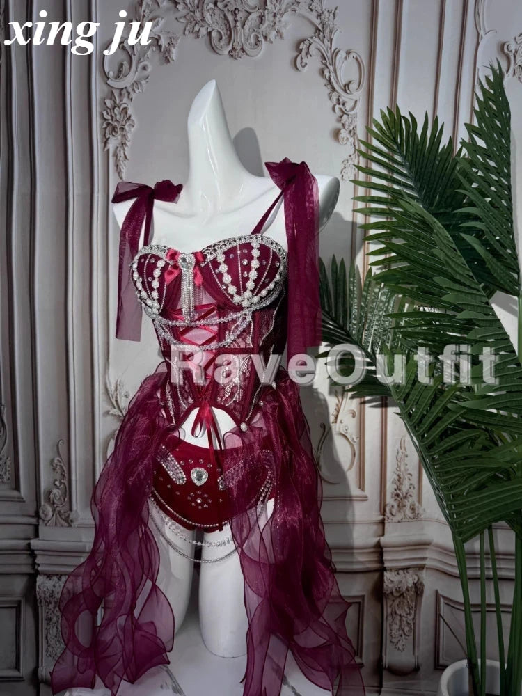 Xing Ju Sexy Temperament Pearl Diamond Fishbone Suspender Tops Shorts Singer Stage Party Outfits Women Nightclub Club Costumes