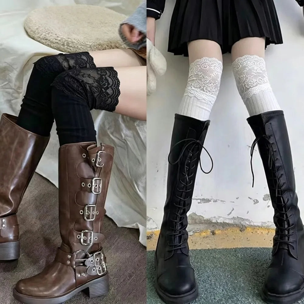Warm Lace Design Thigh High Socks Knee High Pairs Lace Socks Warm Material Black White Lolita Stockings for Girls