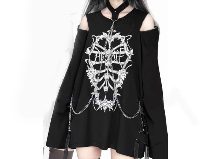 New Off-the-shoulder Subculture Cotton Tee Japanese Punk Gothic Print Dark Loose T-shirt Short/Long Sleeves Y2K Girls Cool Tops