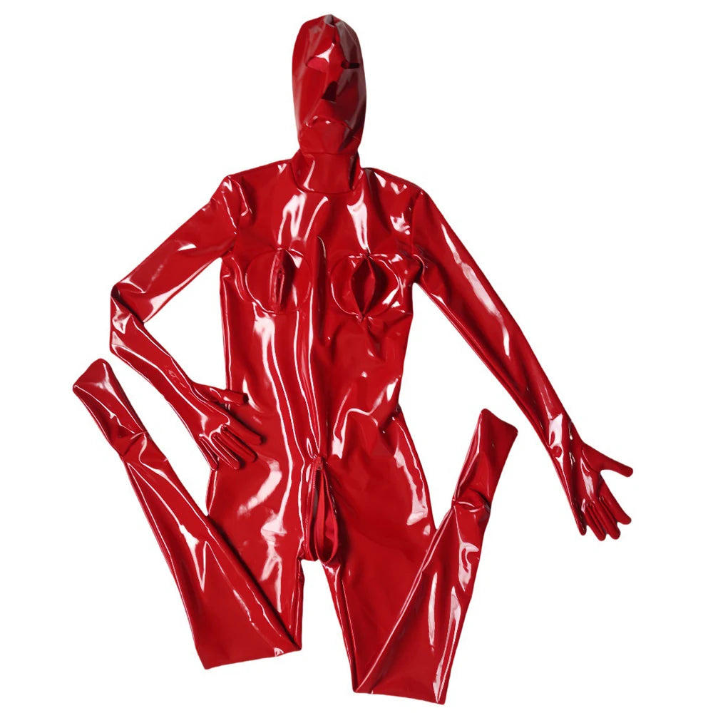 Sexy Cosplay Maid Full Bodysuit Latex Elasitc Sexy Tight PU Faux Leather Oil Shiny Catsuit Bodycon Glove Sleeve Jumpsuit