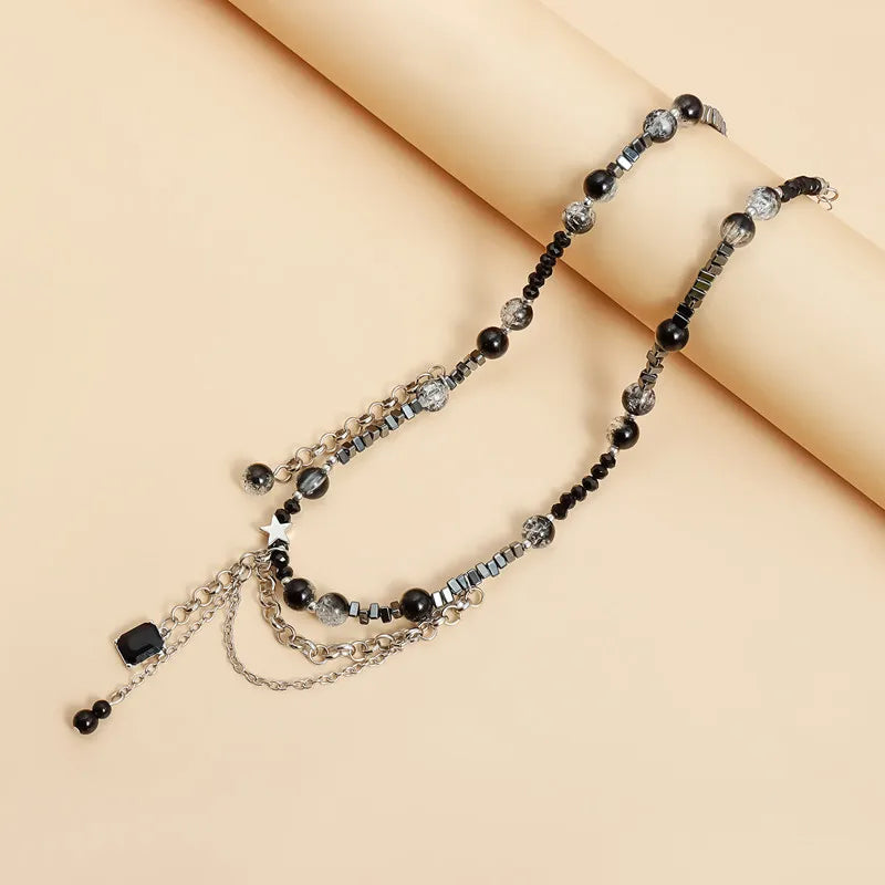Punk Black Choker for Women Link Chain Tassel Crystal Beads Charm Necklace Gothic Jewelry 2025 New Party Girls