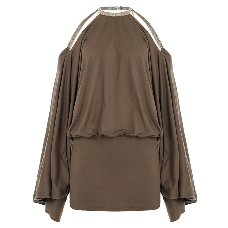 2026 European and American Spice Girls Sexy Shoulder Backless Irregular Design Short Skirt Loose Bat Sleeve Dress Women