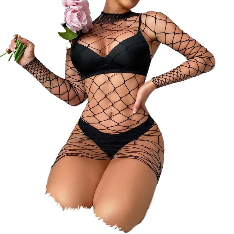 Sexy Women Lingerie Dress Fishnet Hollow Bodycon Dresses Mujer Pornos Costumes Beach Cover Swimwear See Through Exotic Dresses