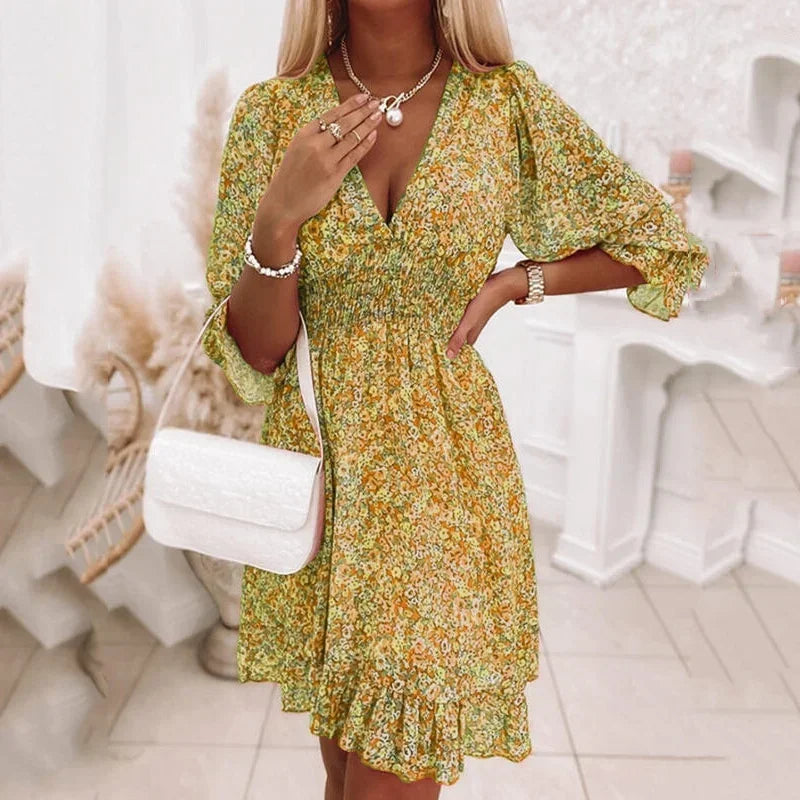 Summer Fashion Floral Dress for Women Midi Skirt Casual Tighten The Waist Pullover Printed Short Sleeves Bohemia Bright Dresses