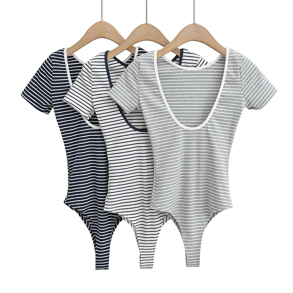 Sexy lingerie black and white striped short sleeve bodysuit women korean fashion tops for women 2024 bodycon bodysuits knitted