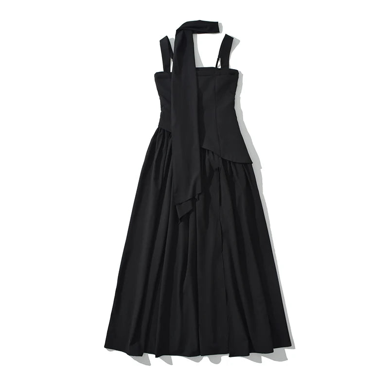 YENKYE Sexy Slit Elegant With Scarf Sling Party Dresses Women Lace Up Bandage Back Fit And Flare Dress Green Back Summer Robe