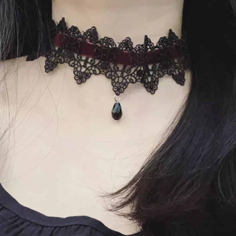 Sexy Hollow Neck Accessory Burgundy Dark Gothic Punk Lace Velvet Lace Collar Choker Lace Strap Collarbone Chain Party Accessory