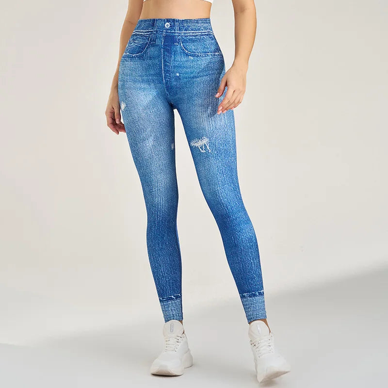 Yoga leggings Tight hip lift soft thick seamless knit fake denim stretch fitness pants Casual pencil pants imitation jeans