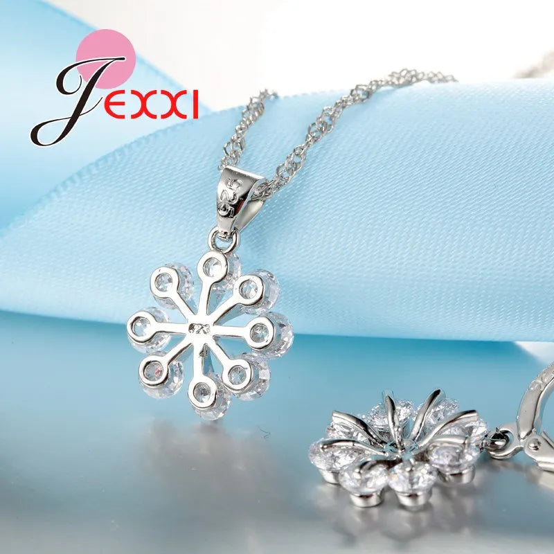 Romantic Wedding Collier Jewelry Sets 925 Sterling Silver Chain Clear Crystal Snowflake Necklace Drop Earrings Bijoux