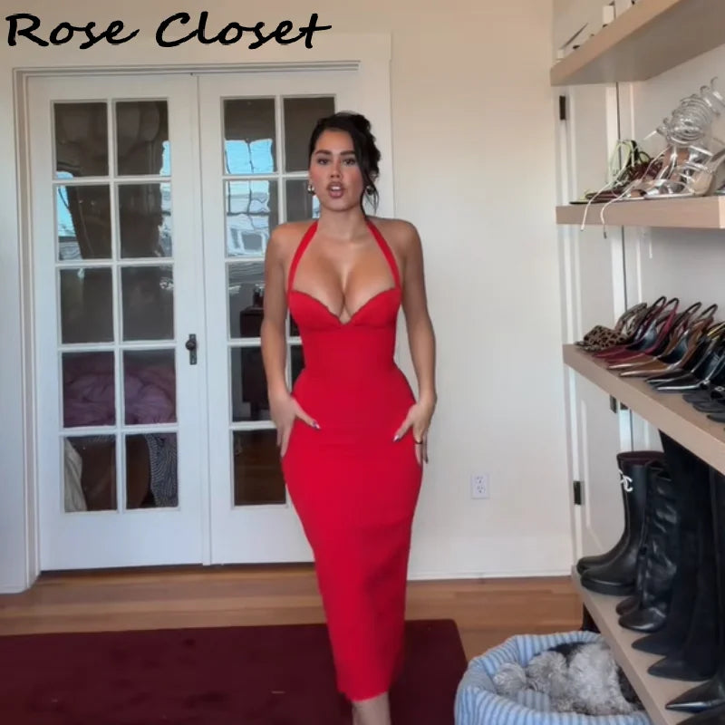 Sexy Bodycon Midi Dress Women Elegant Halter Neck Evening Gowns Adjustable Lace Up Party Club Vestidos 2026 NEW Summer Dresses ﻿