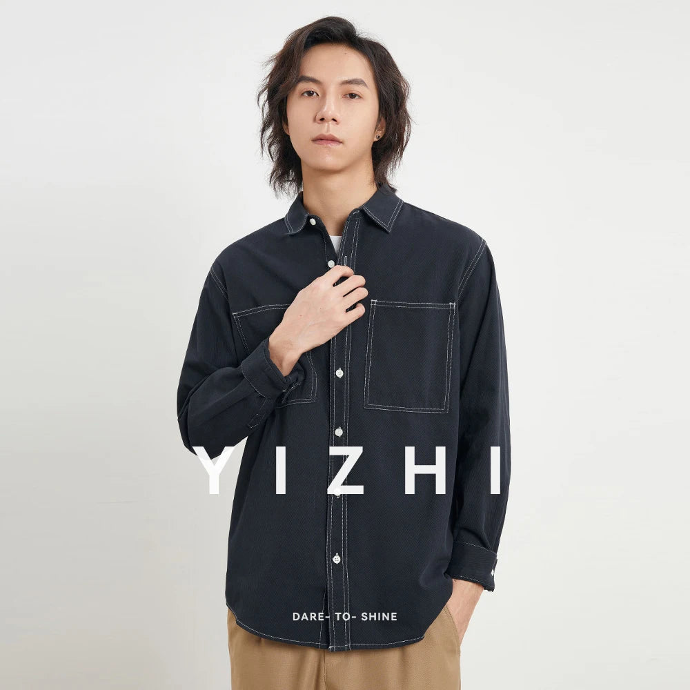 100% Cotton Men's Shirt Jacket 2025 Spring Autumn New Style Japanese Lapel Solid Color Shirt Loose Slightly Elastic Youth Jacket