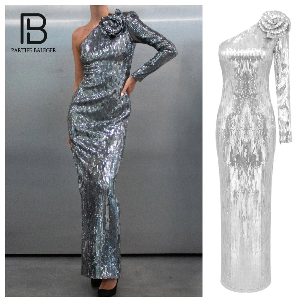 PB Sexy Silver One Shoulder Sequin Long Dress with 3D Structured Flower Slim Elegant Club Party Evening Gowns Vestidos