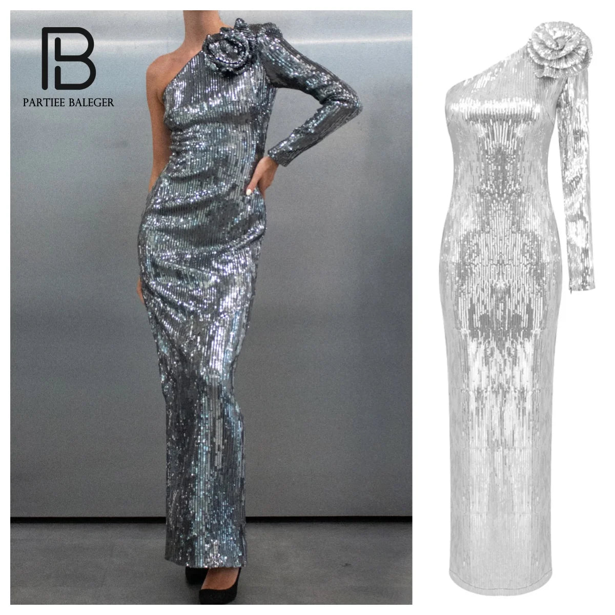 PB Sexy Silver One Shoulder Sequin Long Dress with 3D Structured Flower Slim Elegant Club Party Evening Gowns Vestidos