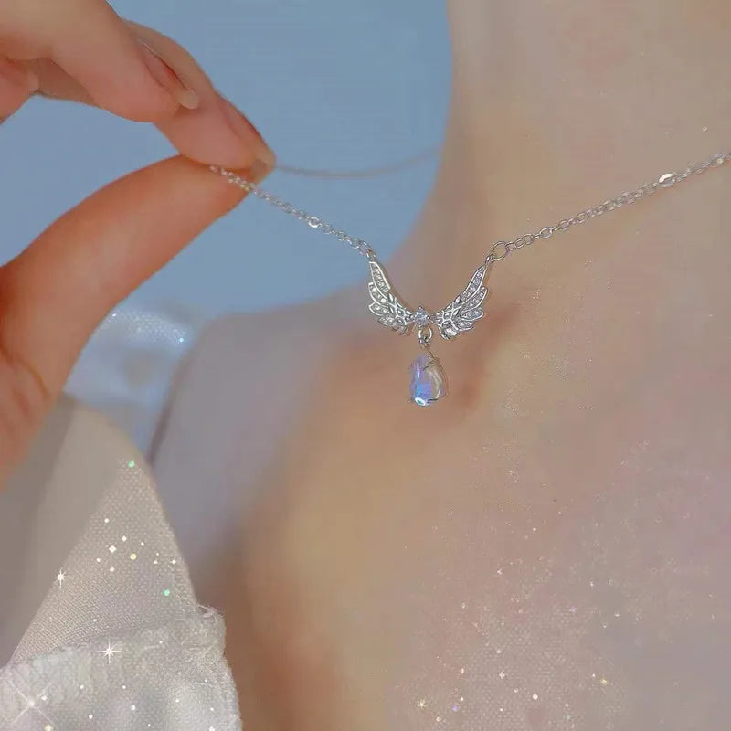 Crystal Bow, Angel Wings & Heart Necklace