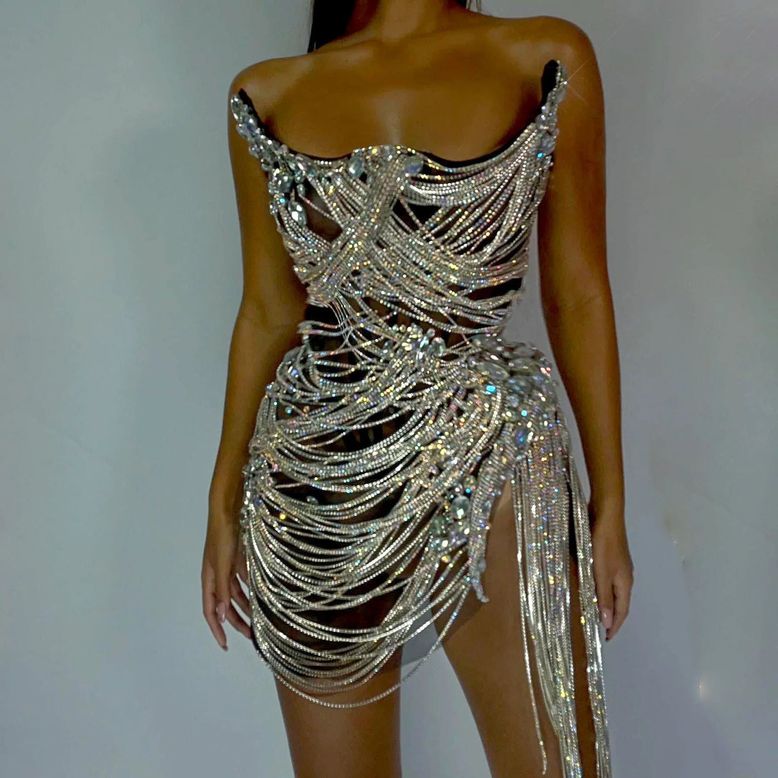 Luxury Dress Sexy Women's Shiny Beaded Rhinestone Dress Silver Stage Talent Performance Dress Birthday Celebration Party Dress