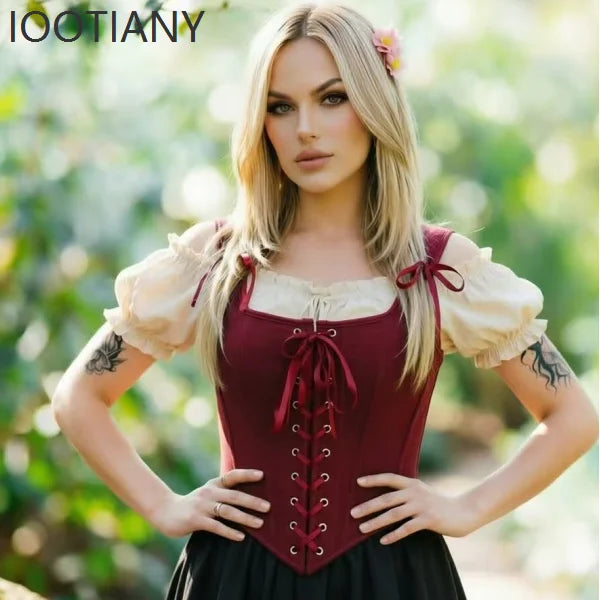 Women Renaissance Corset Top Retro Renaissance Faire Corset Square Neck Satin Lace Up Bustier Halloween Cosplay Fairy Costume