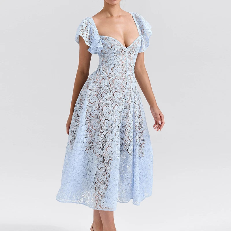Sexy V Neck Butterfly Sleeve Evening Dress Women Elegant High Waist Solid A-Line Dress Fashion Embroidery Hollow Out Long Dress