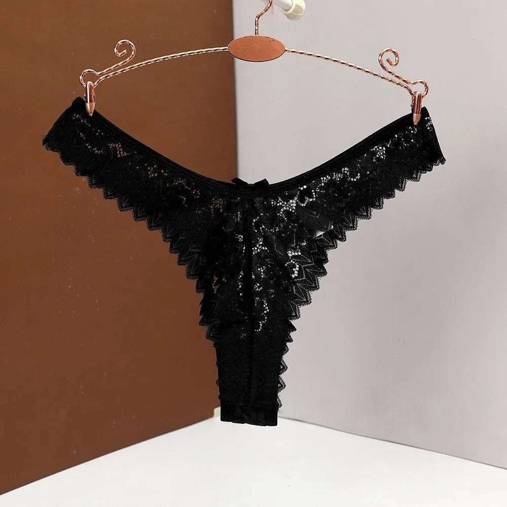 Lingerie Bow Flower Lace Seamless Thong Transparent Panties Underwear for Women Mid Waist Hollow Mesh Lace Briefs Comfortable