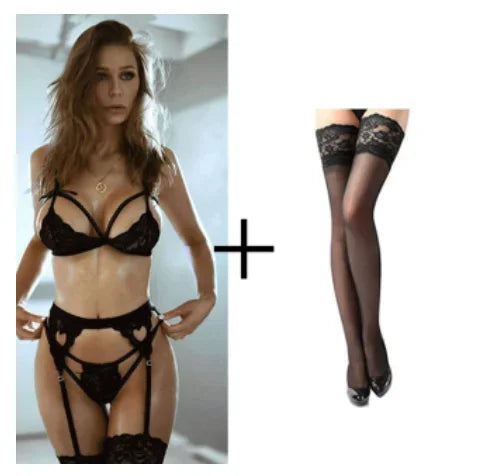 Women's Lace Bra, Panty & Garter Lingerie Set