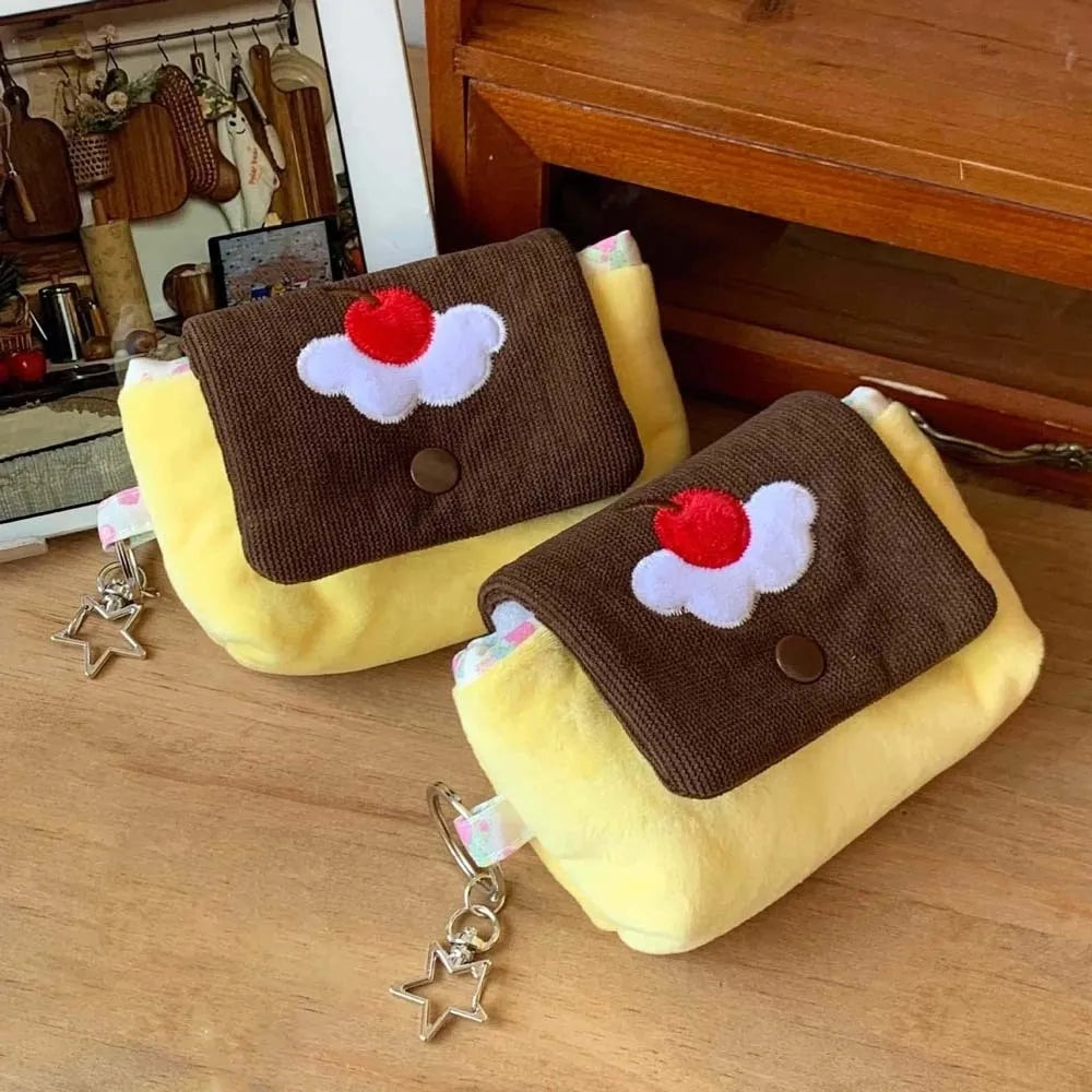 Cherry Pudding Design Coin Purse Soft Velvet Compact Dimension Mini Pouch Wallet Snap Button Closure Corduroy Texture