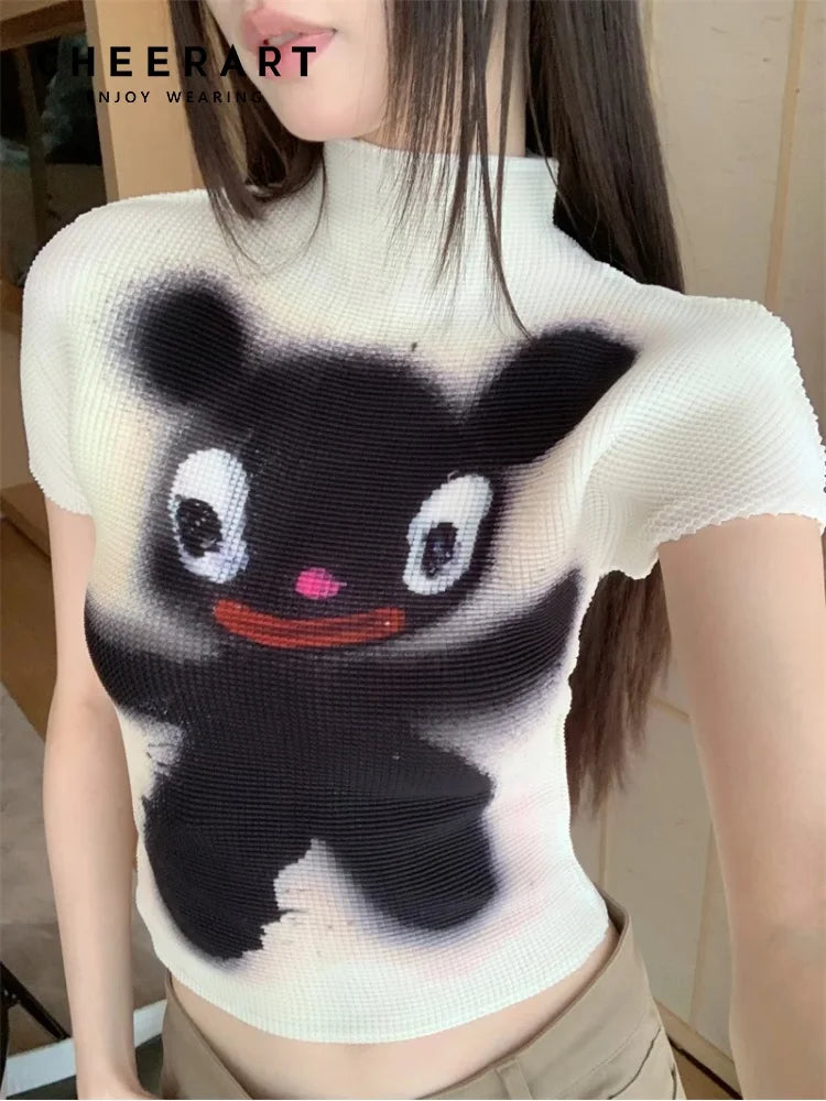 Pleated Cartoon Y2K Crop T-Shirt