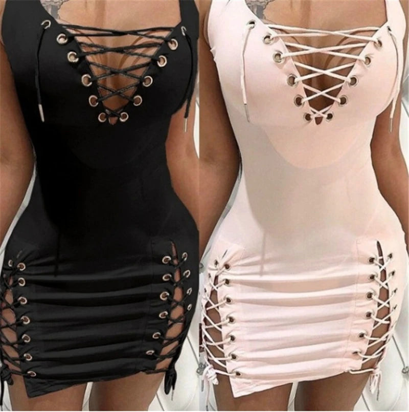 Womens Dresses 2025 New Summer Solid Color Deep V-neck Sexy Slim Fit Eyelet Lace Up Sleeveless Casual Daily Mini Dress