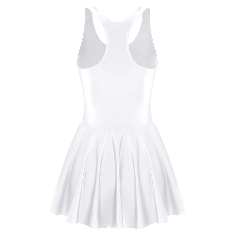 Women Dress Glossy Stretchy Sleeveless Pink Tank Dresses Solid Athletic Tennis Dress Black Swimwear Beachr Nightgown Pajamas