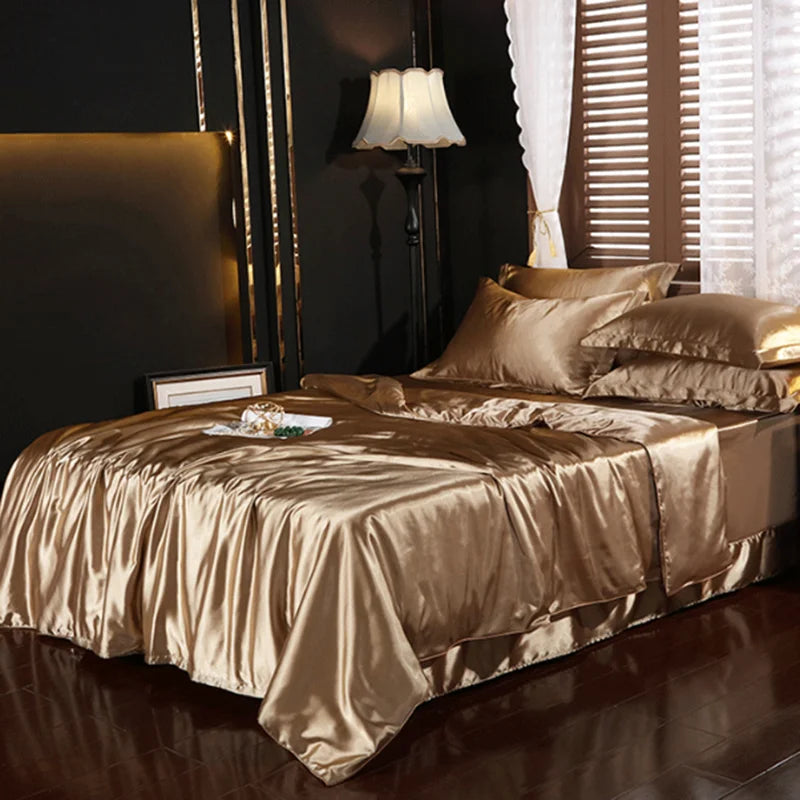 Luxury Solid Color Silk Satin Bedding Set European Smooth Skin-Friendly Bedclothes Soft Breathable Home Textile for Four Seasons