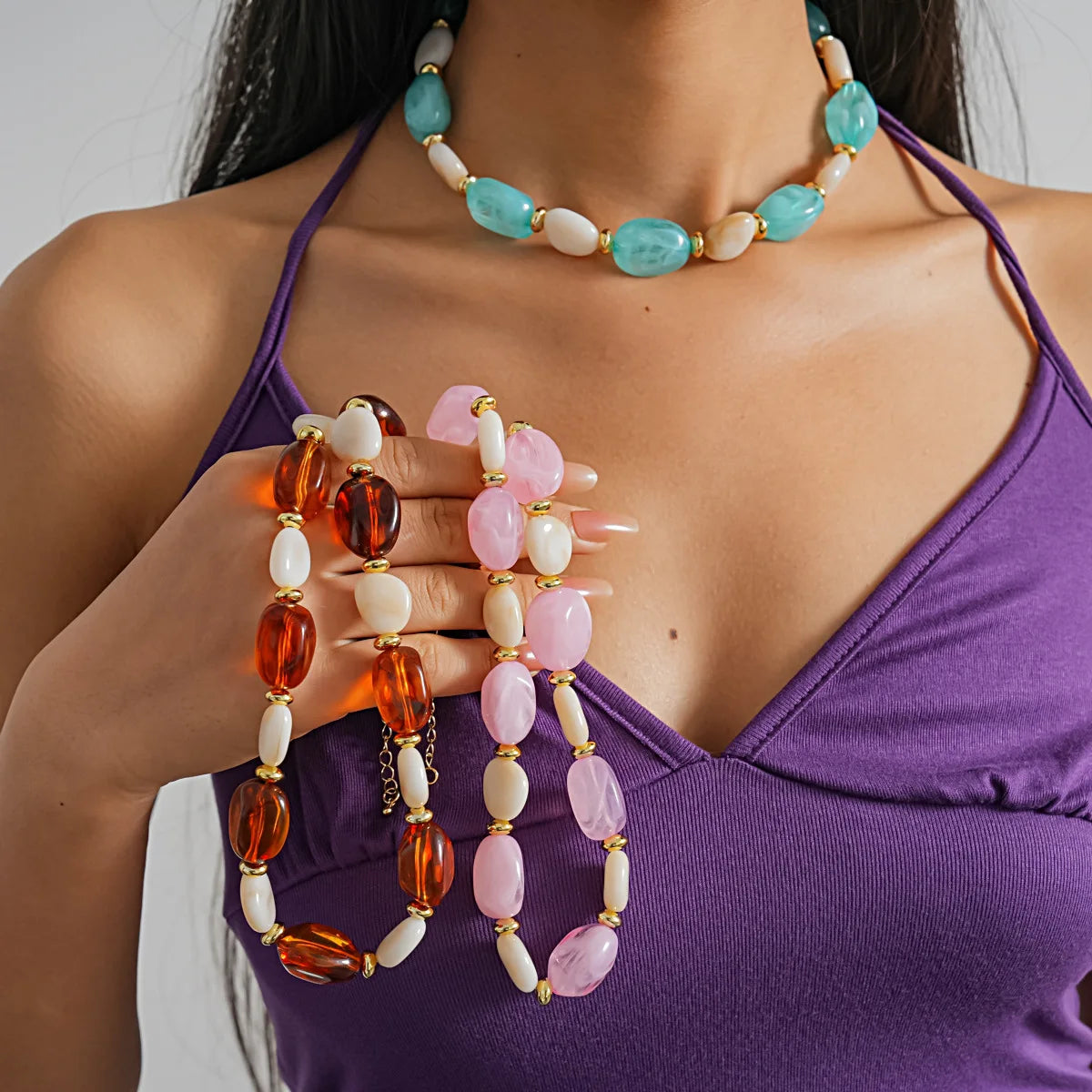 Multi Colors Irregular Oval Acrylic Chokers Necklaces Women Bohemian Chunky Smudging Resin Bead Necklaces Jewelry Vacation Party