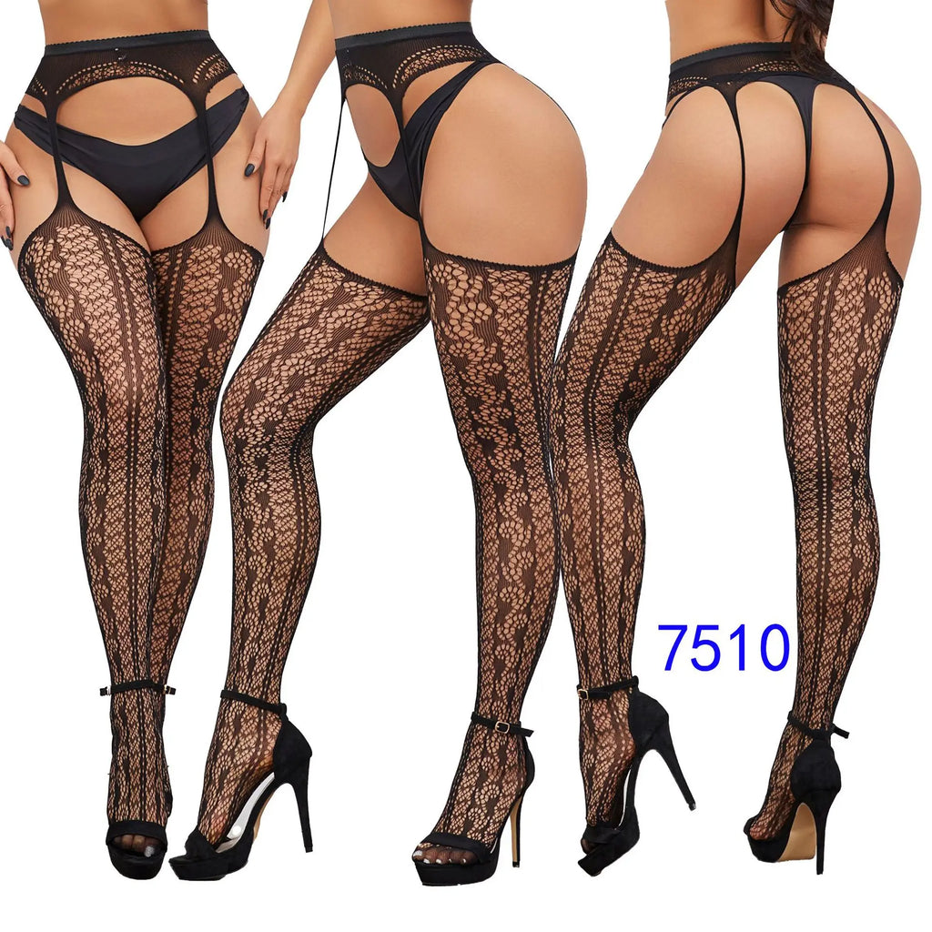 Women Thigh High Stockings With Garters Sexy Lingerie Pantyhose Hosiery Suspender Over Knee Socks Black Tights Fishnet Stockings